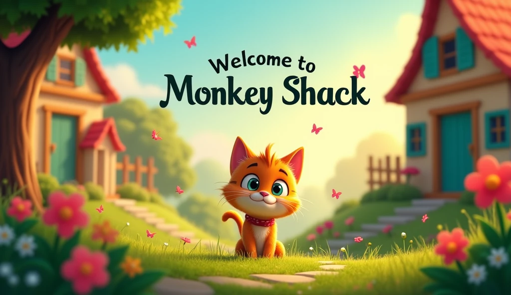 Create a vibrant and inviting YouTube video intro image for 'Monkey Shack.' The scene should feature a charming, whimsical village with a lively atmosphere. In the center, include a friendly and curious cat named Whiskers, peeking out from behind a tree or bush. Surround Whiskers with elements of magic, like twinkling stars or floating butterflies.

Add playful details such as colorful flowers, a cozy cottage, and gentle rays of sunshine to create a warm, welcoming feel. Include text at the top or bottom of the image that reads: 'Welcome to Monkey Shack! Today, we have a special story just for you.' Use cheerful, bold fonts to make the text stand out and capture the essence of a fun and engaging story time.