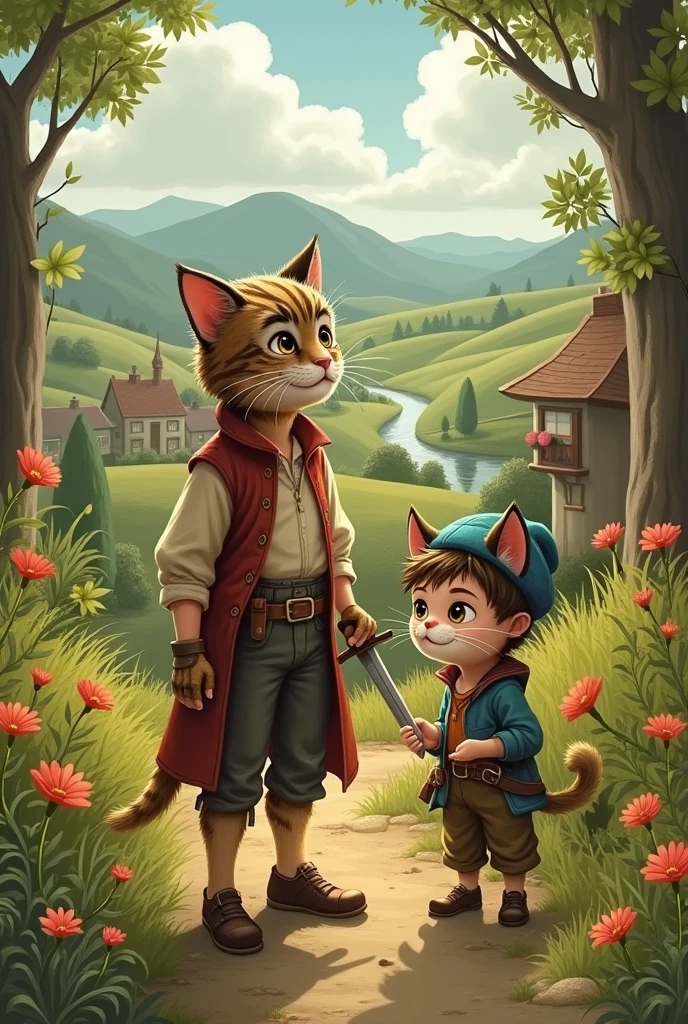 Generate me an image of the miller's youngest son with the cat from the story Puss in Boots