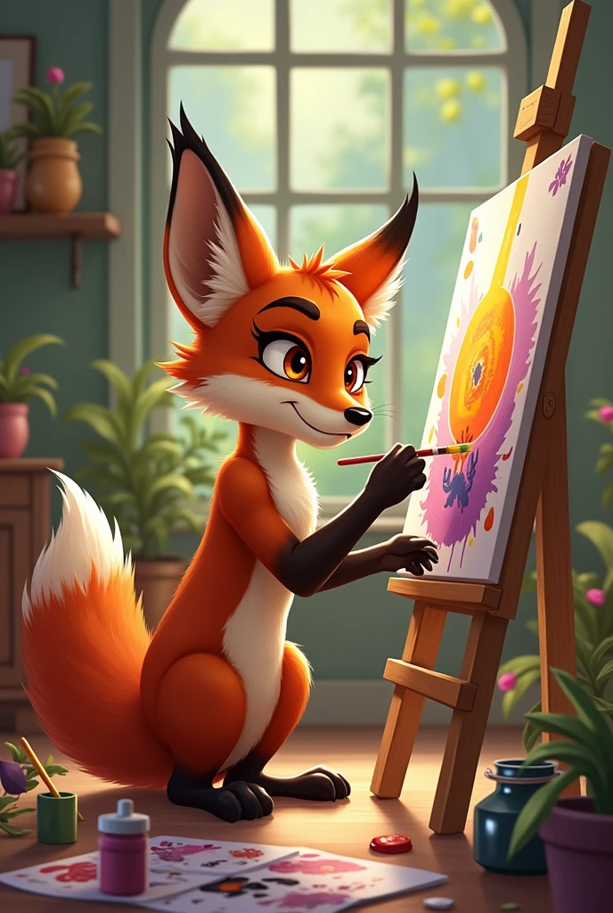 A male young fox with brown eyes paints a picture