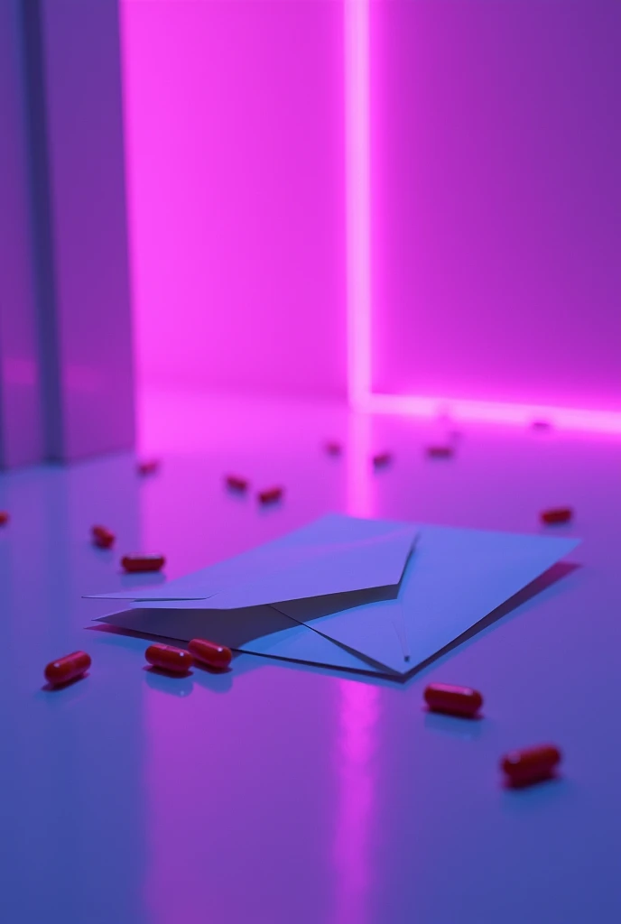 A letter in its envelope on the white floor with orange pills lying to the side with purple neon lighting
