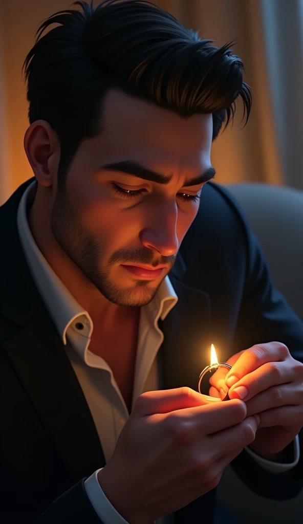 A sad handsome guy holding a wedding ring, pixar style, cinematic, masterpiece, high-aesthetic, realistic