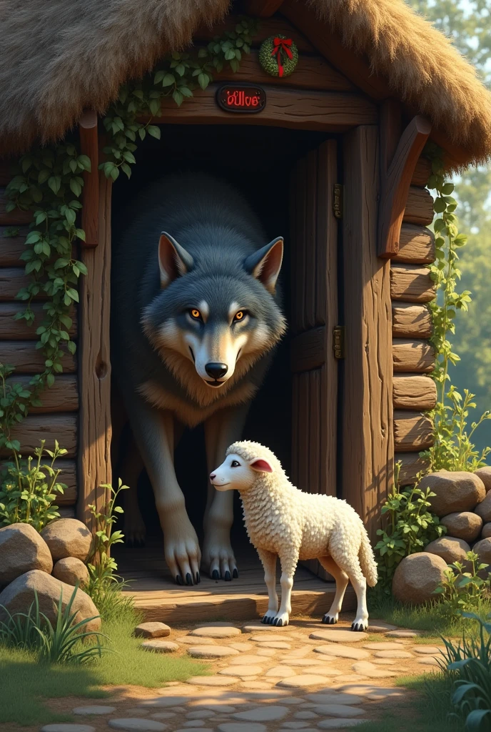 Wolf sheep at cottage door