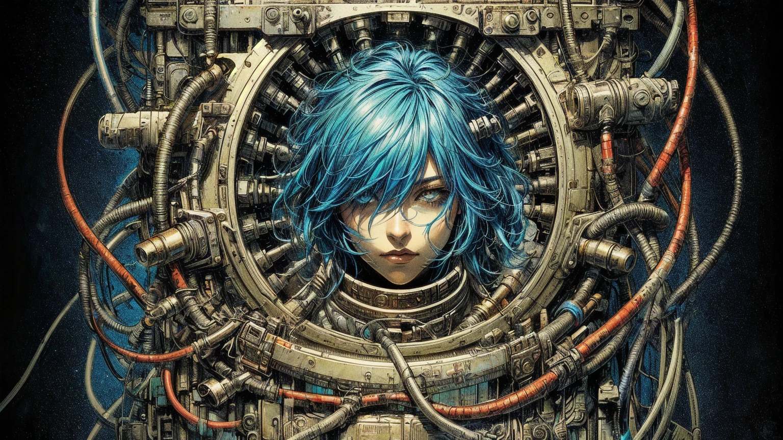 arafed image of a woman with blue hair and a blue wig, greg beeple, enki bilal style, inspired by Enki Bilal, beautiful female neuromancer, detailed sci-fi art, artist katsuhiro otomo, inspired by Masamune Shirow, cyberpunk comic cover art, posuka demizu