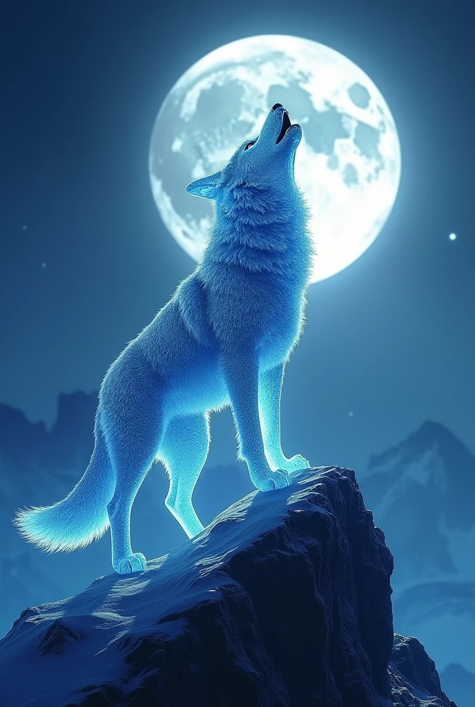 alpha wolf howling on mountain, full moon night, blue as primary colour, warm colour, crystalline wolf, side view, wolf in middle of moon, landscape image, emblem

