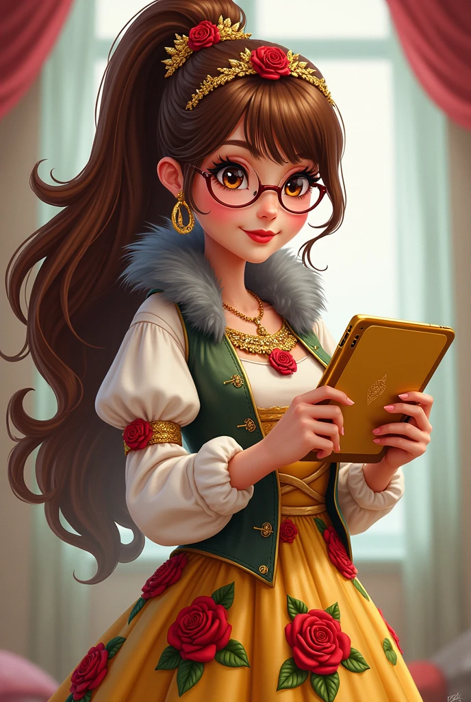 Imagem da filha da Ramona Badwof e da Rosabella Beauty de Ever After High: Must have a long wavy brown ponytail with bangs with red highlights in the hair, first of all, light brown eyes, brown glasses with a red rose, long white blouse with red roses and green leaves on the blouse and sleeves, golden skirt with golden roses, a faux fur collar around the neck of gray color, brown high heel boots with roses, golden flower tiara on head, wolf earrings, wolf pendant and a yellow tablet with red roses in hands