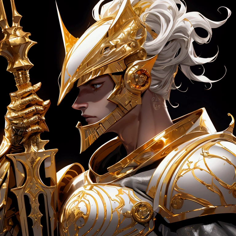 envision a 8k, highres, realistic, cinematic, dynamic, close up portrait of a golden knight clad in great armor with a grand helmet with bright white eyes with a large body in a dark fantasy style against a dark gray background