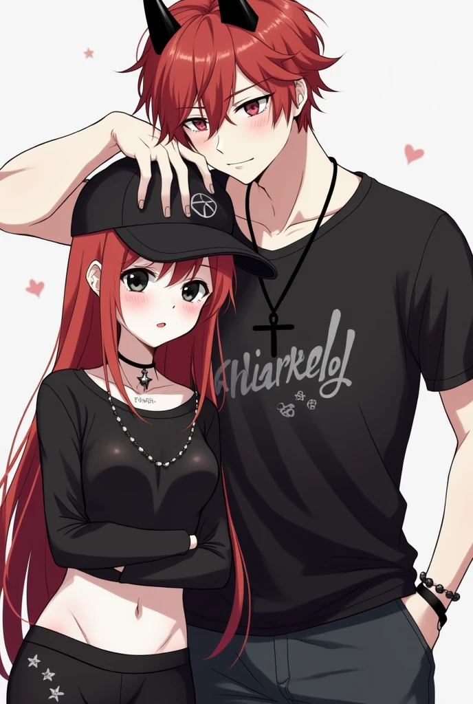 Anime girl icon, slim, super pale white skin, conceited face, long copper red hair, star tattoo, black cap with thorns, black necklace, black top with long sleeves, Short black shorts and black tights with small stars, black eyes, only half photo for profile picture, and a taller anime boy, White skin, black necklace, black t-shirt with print, gym body, black horns, copper red hair, ripped black pants, blushing face of the girl, bitter face, that the boy has his arm on her head.
