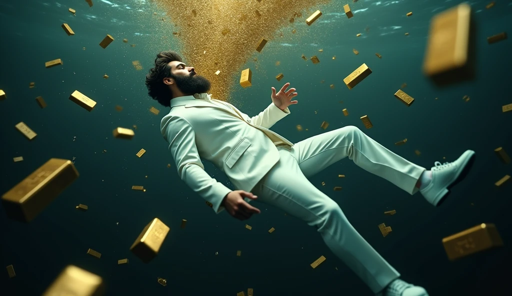 Create a anime style landscape image. an dramatic style under the water image showing a surreal and dramatic scene of a male person in a white suit, white shoes, and sinking into deep, The man has dark medium hair, thik medium beard and light skin, dark waters, surrounded by floating gold bars. "The figure appears to be floating helplessly, as if falling through the water, with their arms means hands and legs extended and head tilted back". and "his body is oriented horizontally with his back facing the viewer". The gold bars around the person seem to be floating and tumbling through the water, giving the impression of wealth lost in the chaos. The mood should be somber and intense, highlighting themes of loss, wealth, and the overwhelming force of destruction. Camera view back side long shoot. 4k, ultra high quality, UHD, ULTRA HD.