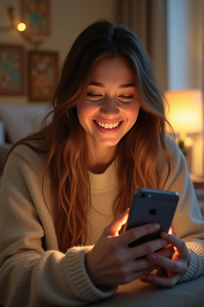 white woman laughing looking at phone