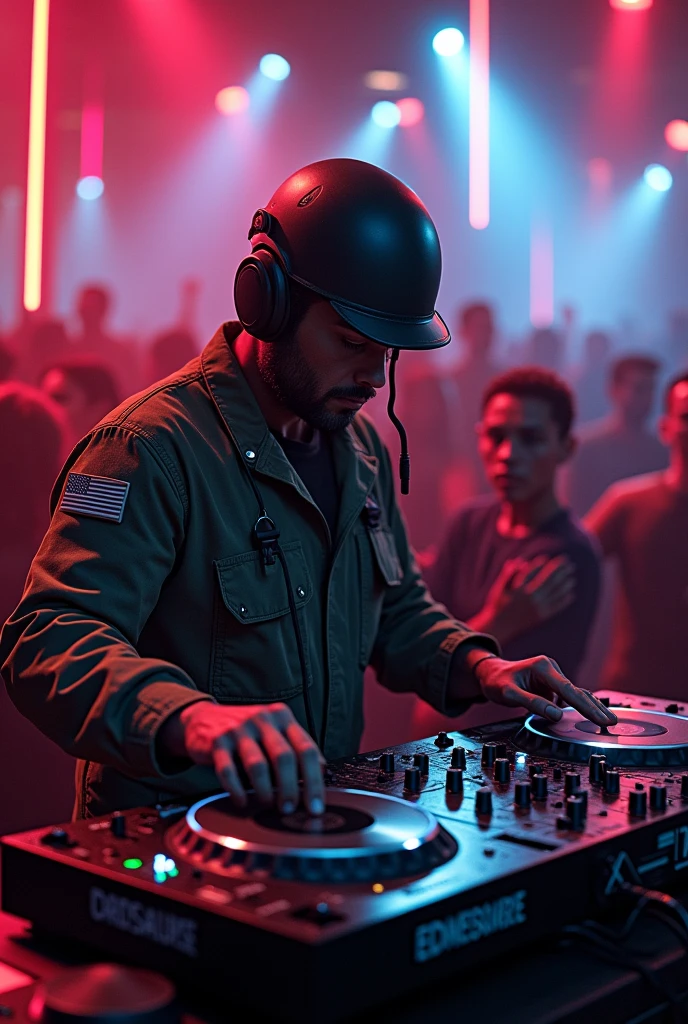 soldier with air force helmet DJ playing in a club