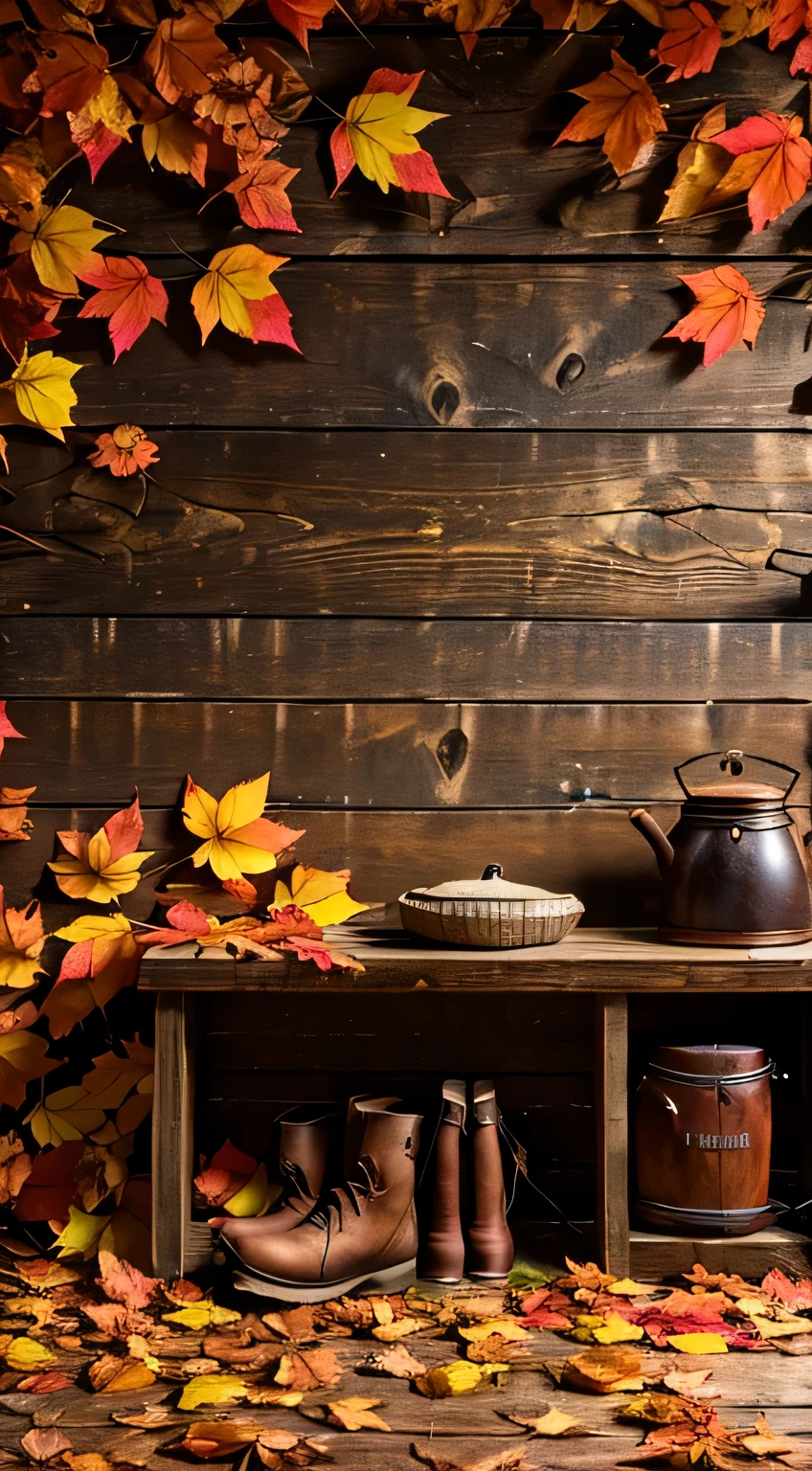 Photo studio style background with details of autumn leaves, wood, horseshoe and country cabin things, cinematic lighting, v