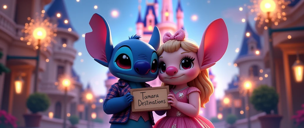 Stitch and his girlfriend Angel together wearing a stylish outfit and a sign that says Tamara Destinations. In the background the magical Disney castle, with many colors, sparkles and fireworks.