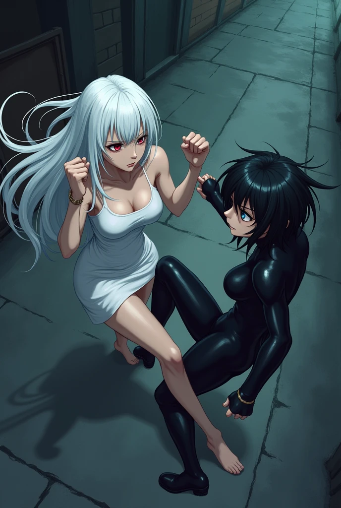 The image is anime style Darker than black with shadows and dim lights, anime style although somewhat adult and dark, It shows a scene of the roads of a city. In the image, an albino with long white hair and red eyes is fighting., who wears a short white dress and has bare feet, against a female android who has short black hair and a latex suit and one blue eye and the other brown. They fight bare-knuckle on the road. They are in combat stances. The image is focused from above, so you can barely see the fighters in question. Only they are in the picture. They are kicking very hard.