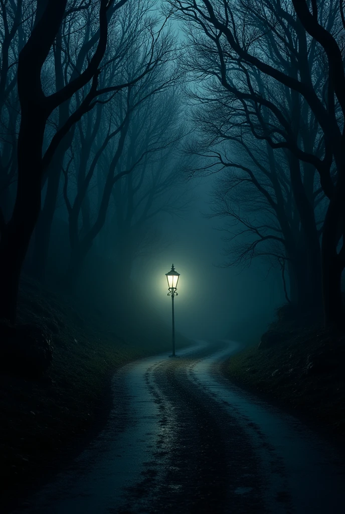 (best qualityer,4K,8k,high resolution,work of art:1.2),ultra detali,(realisitic,photorealisitic,photo-realisitic:1.37) lamp in the middle of a road in the forest at dark night scary
