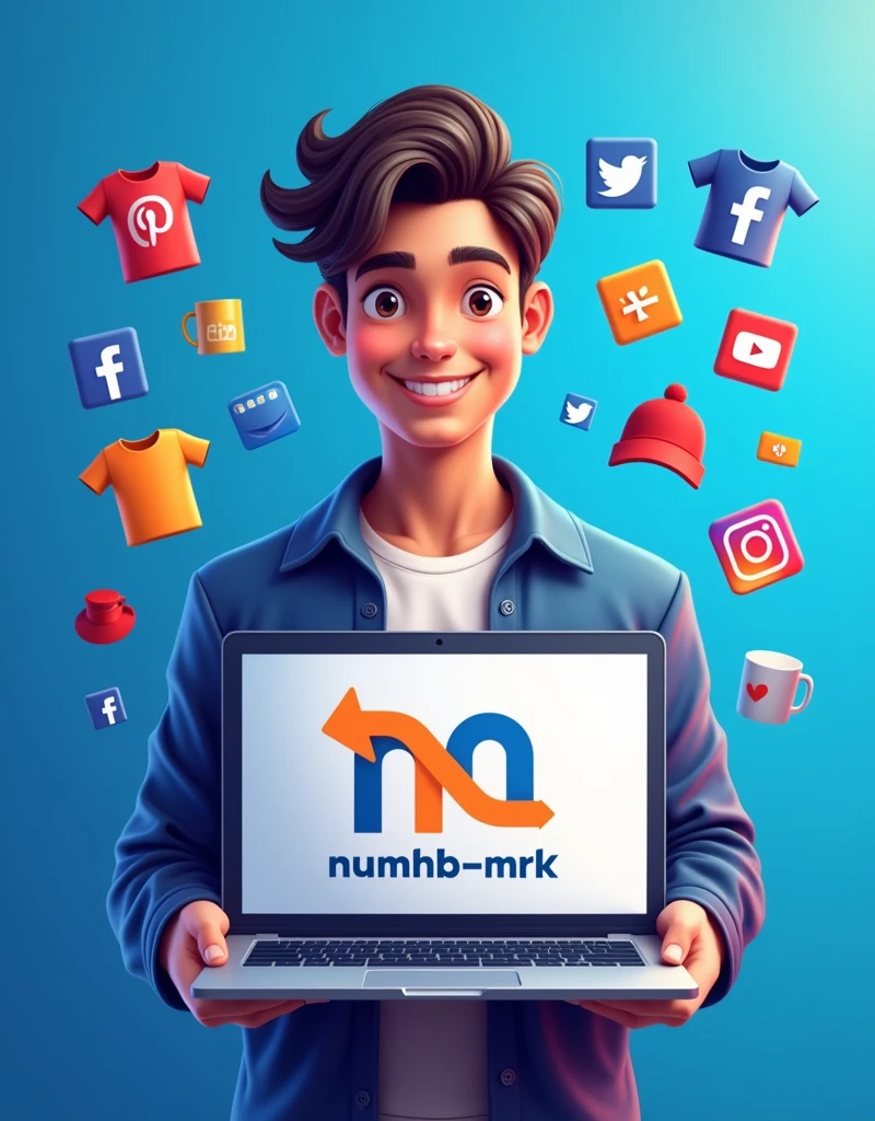 A stunning, ultra-high-resolution illustration of a marketer posing in front of a vibrant, gradient-blue background, proudly holding a laptop with the "numhb-mrk" logo emblazoned on the screen, created from a combination of sleek vectors and realistic textures. The marketer's facial features are highlighted by a bright, genuine smile, with warm, golden-brown skin tone and dark brown hair styled in a modern, trendy fashion. The logo itself is a bold, custom-designed typography with a stylized, lower-case "n" and a bold, orange-colored arrow integrated into the lettering, symbolizing innovation and forward-thinking. Surrounding the marketer are semi-transparent, 3D-rendered icons of popular social media platforms, including Facebook, Instagram, Twitter, and YouTube, all in their respective brand colors and arranged in a stylized, overlapping pattern. Scattered throughout the scene are elegantly illustrated, high-quality product visuals of t-shirts, mugs, hats, and hoodies, showcasing the marketer's best-selling online merchandise, all rendered in precise, lifelike detail. The overall aesthetic is modern, youthful, and energetic, with a focus on conveying excellence in quality and customer satisfaction.