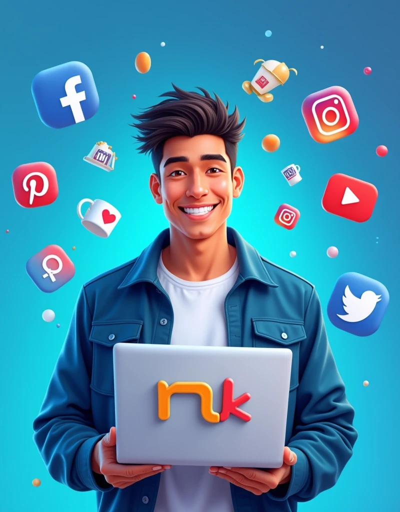 A stunning, ultra-high-resolution illustration of a marketer posing in front of a vibrant, gradient-blue background, proudly holding a laptop with the "numhb-mrk" logo emblazoned on the screen, created from a combination of sleek vectors and realistic textures. The marketer's facial features are highlighted by a bright, genuine smile, with warm, golden-brown skin tone and dark brown hair styled in a modern, trendy fashion. The logo itself is a bold, custom-designed typography with a stylized, lower-case "n" and a bold, orange-colored arrow integrated into the lettering, symbolizing innovation and forward-thinking. Surrounding the marketer are semi-transparent, 3D-rendered icons of popular social media platforms, including Facebook, Instagram, Twitter, and YouTube, all in their respective brand colors and arranged in a stylized, overlapping pattern. Scattered throughout the scene are elegantly illustrated, high-quality product visuals of t-shirts, mugs, hats, and hoodies, showcasing the marketer's best-selling online merchandise, all rendered in precise, lifelike detail. The overall aesthetic is modern, youthful, and energetic, with a focus on conveying excellence in quality and customer satisfaction.