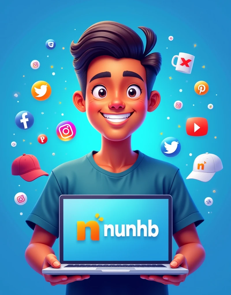 A stunning, ultra-high-resolution illustration of a marketer posing in front of a vibrant, gradient-blue background, proudly holding a laptop with the "numhb-mrk" logo emblazoned on the screen, created from a combination of sleek vectors and realistic textures. The marketer's facial features are highlighted by a bright, genuine smile, with warm, golden-brown skin tone and dark brown hair styled in a modern, trendy fashion. The logo itself is a bold, custom-designed typography with a stylized, lower-case "n" and a bold, orange-colored arrow integrated into the lettering, symbolizing innovation and forward-thinking. Surrounding the marketer are semi-transparent, 3D-rendered icons of popular social media platforms, including Facebook, Instagram, Twitter, and YouTube, all in their respective brand colors and arranged in a stylized, overlapping pattern. Scattered throughout the scene are elegantly illustrated, high-quality product visuals of t-shirts, mugs, hats, and hoodies, showcasing the marketer's best-selling online merchandise, all rendered in precise, lifelike detail. The overall aesthetic is modern, youthful, and energetic, with a focus on conveying excellence in quality and customer satisfaction.