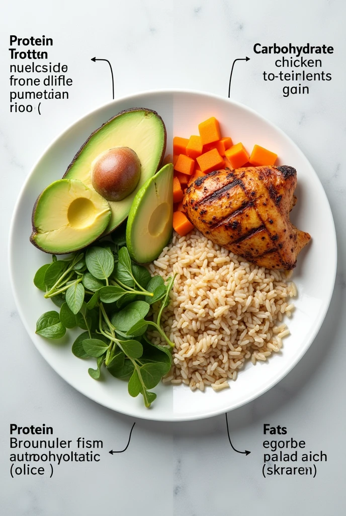 An image with the representation of the distribution of a plate, detailed, What amount of protein, carbos, fats, for a person who wants to gain muscle mass