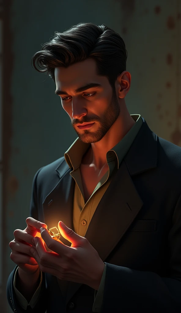 A sad handsome guy holding a wedding ring, pixar style, cinematic, masterpiece, high-aesthetic, realistic