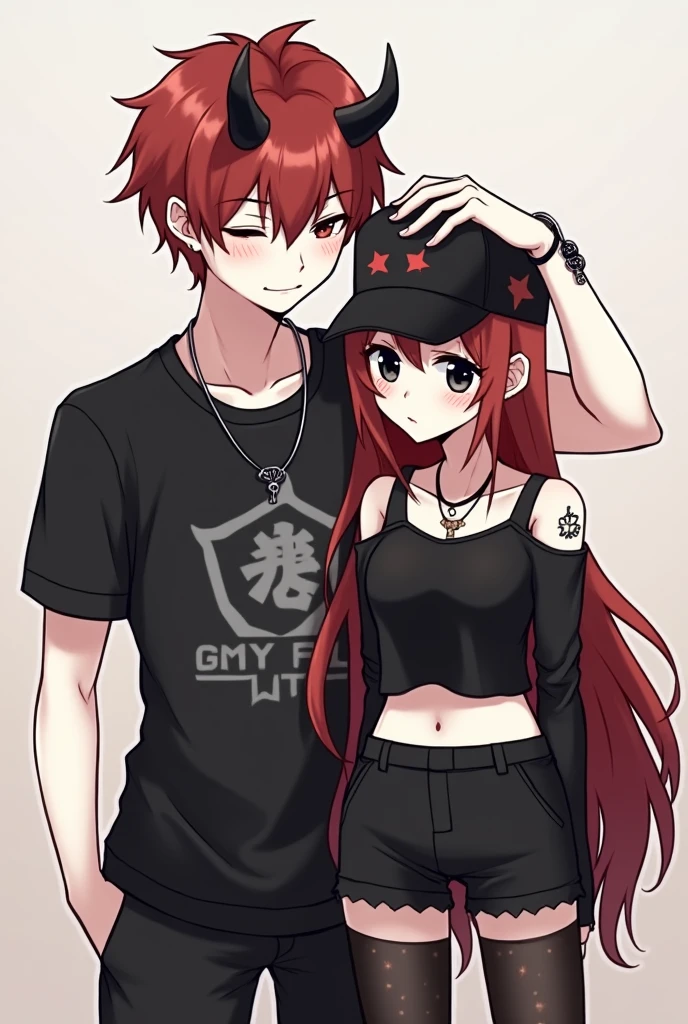 Anime girl icon, slim, super pale white skin, conceited face, long copper red hair, star tattoo, black cap with thorns, black necklace, black top with long sleeves, Short black shorts and black tights with small stars, black eyes, only half photo for profile picture, and a taller anime boy, White skin, black necklace, black t-shirt with print, gym body, black horns, copper red hair, ripped black pants, blushing face of the girl, bitter face, that the boy has his arm on her head. 