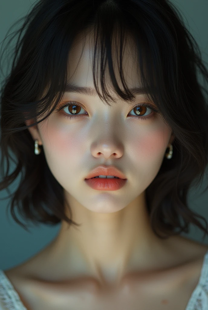 girl, soft wave long blunt bangs black hair, well formed facial features, calm peaceful happy expression, sexy, sensual, glowing pale white skin, Ultra-realistic, High resolution UHD, masterpiece, Very beautiful facial details, Highest quality realistic skin texture, Symmetrical eyes, Fine eyelashes, Thinly trimmed eyebrows, starring at the viewers, Natural Makeup, chapped lips, A good brown eye for quality, Captured in exquisite detail and high resolution with Hasselblad X2D 100C with a 90mm f/2.5 lens, the image exudes a sense of purity and innocence, ((full body pose))