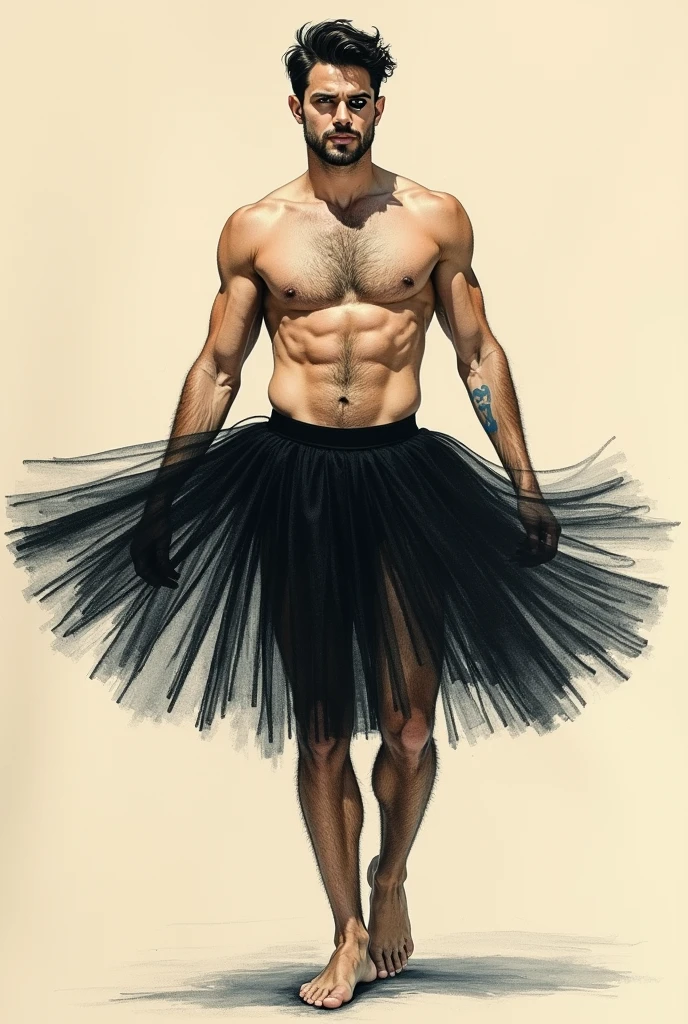 create watercolor, paper water and ink of a shirtless man, dress with a ballerina skirt. he muscular, Black Skirt, without background made on light beige paper, with shadows and pencil contour line. work of art, modern painted eye.