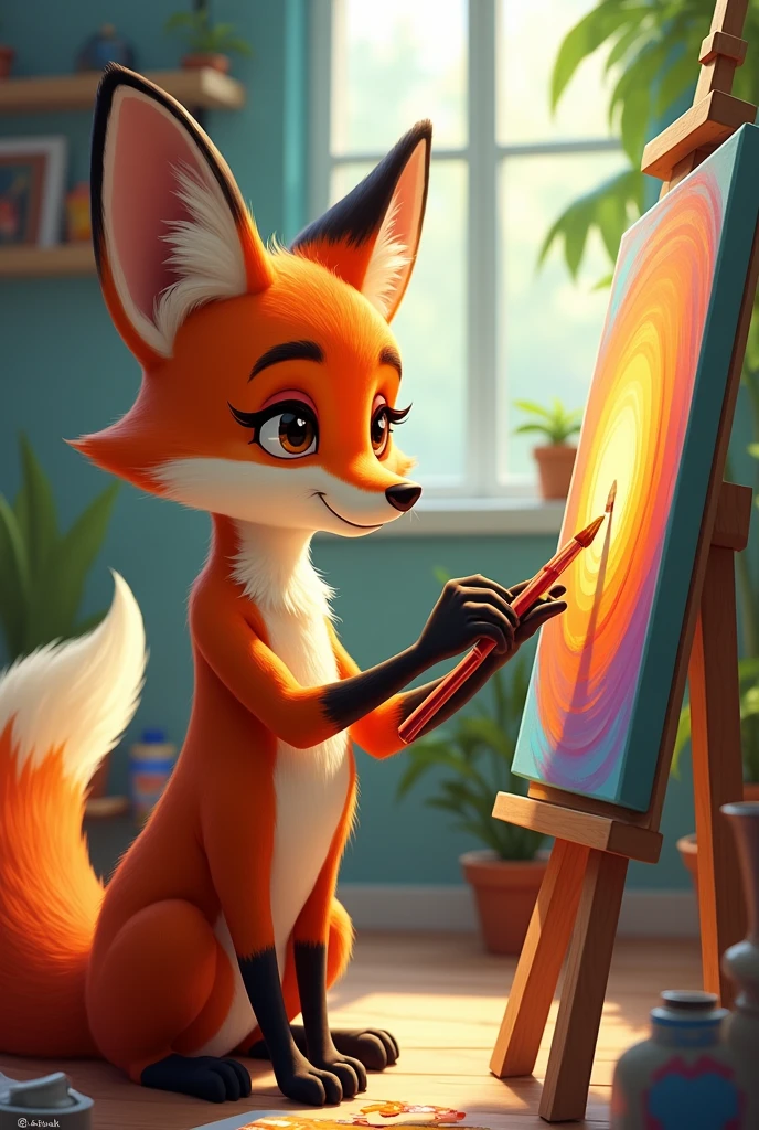 A male young fox with brown eyes paints a picture
