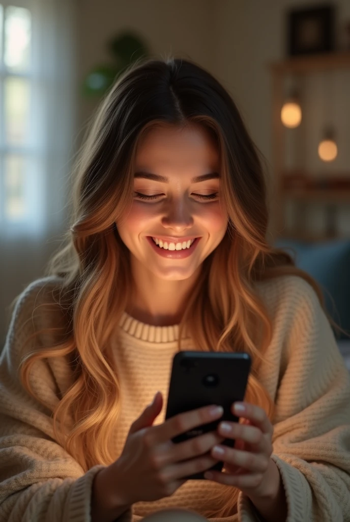 white woman laughing looking at phone