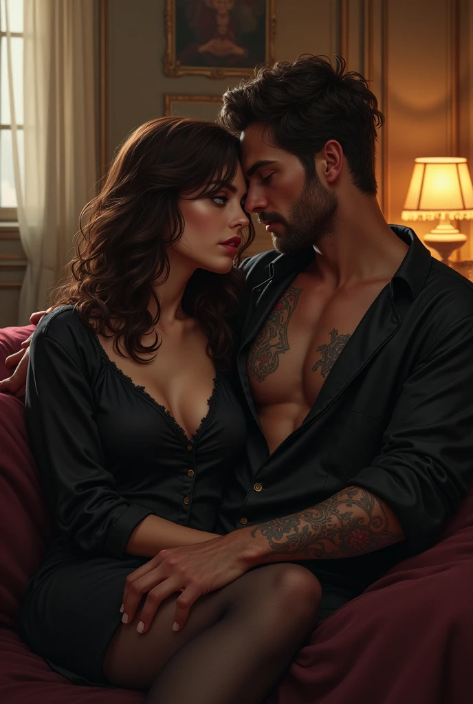 Une femme brune en pyjama noir, avec un nez en trompette avec un homme brun, musclé, avec des épaules large, avec un nez droit, ténébreux et tatouée en califourchon au dessus d’elle. Leur visage son proche. Sur un canapé dans un grand appartement. Avec une ambiance un peu sombre