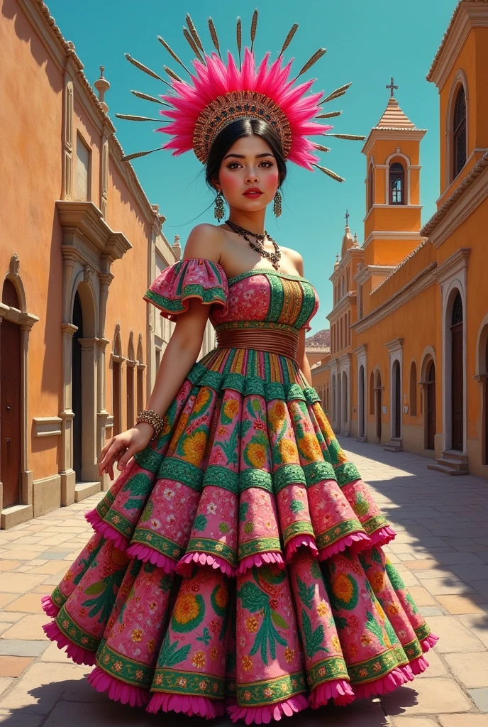 White woman in a dress with painted images typical of Acatlan de Juarez Jalisco in Mexican pink and green headdress Church of Acatlan de Juarez