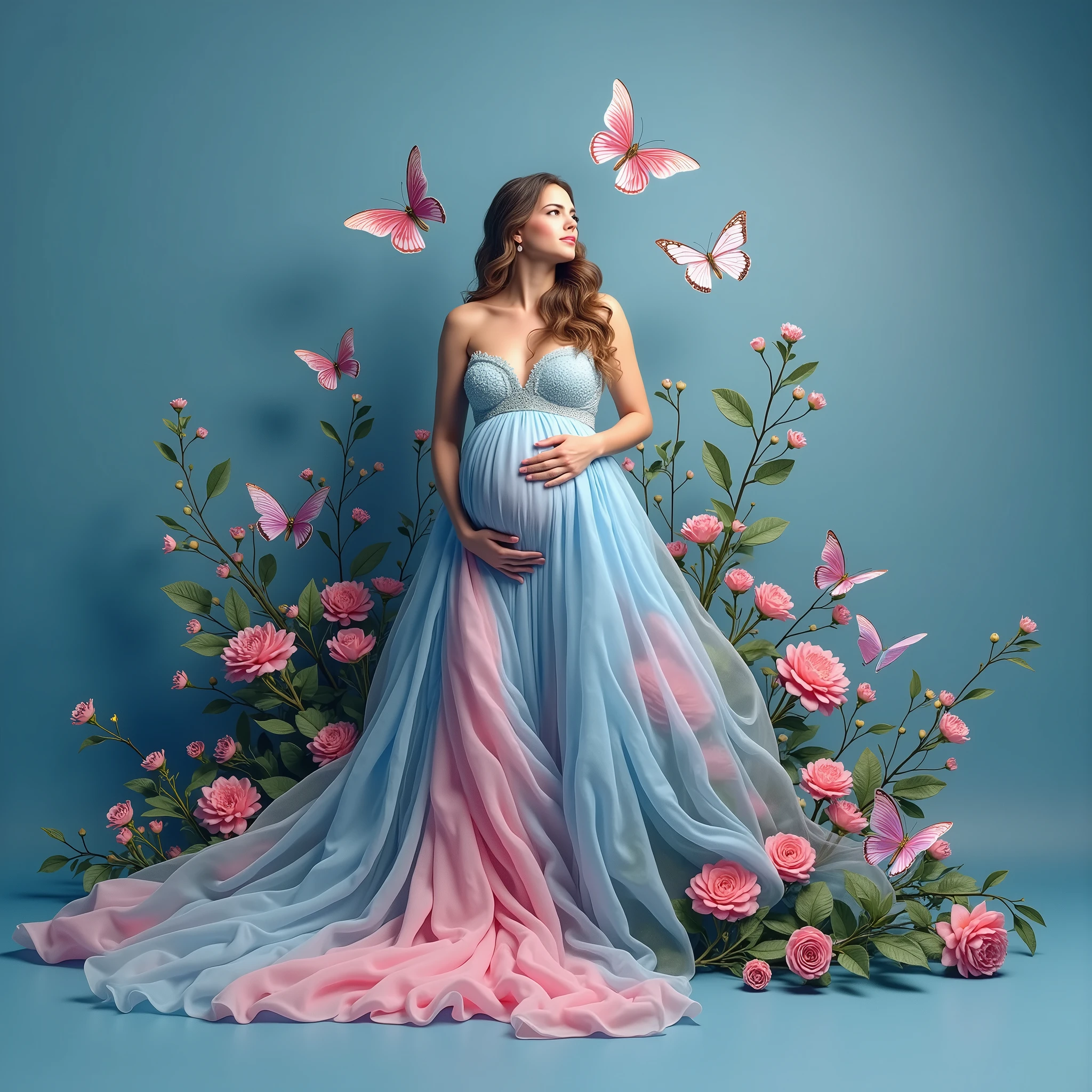 pregnant woman in red gown surrounded by flowers and butterflies, a colourised photo by Elena Guro, trending on cg society, conceptual art, blue and pink colors, blue and pink color scheme, blue and pink, maternal photography 4 k, pastel blues and pinks, pink and red colors, pink and blue colour, red and pink colour splash, pink and blue