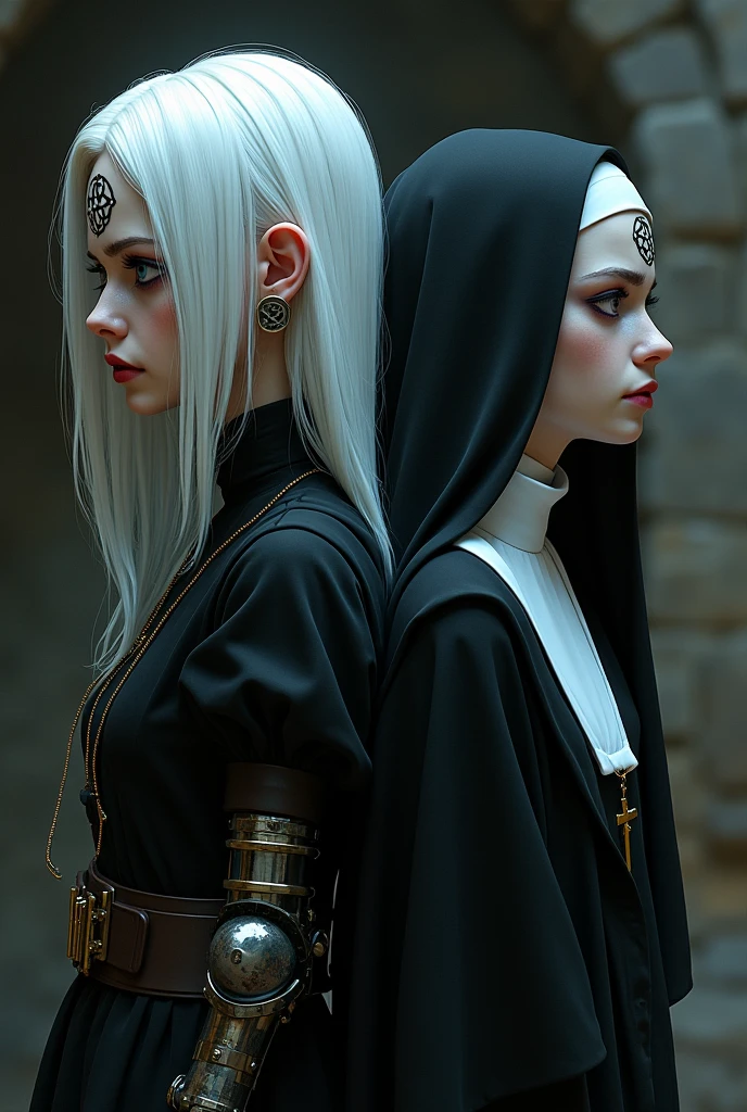 albino ager of the middle ages, in dark alchemist clothes, white hair, violet eyes with a steampunk prosthesis on the left arm, with her back against the back of her twin sister dressed in white nun's clothes with a cross around her neck and a frightened expression and a horn-shaped forehead. Unlike her sister on the left who has a pentagram on her forehead and an angry expression..