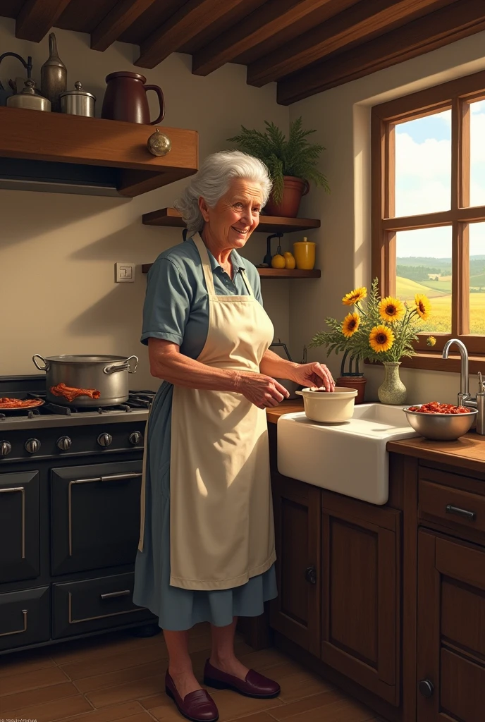an elderly lady in a farm kitchen making breakfast