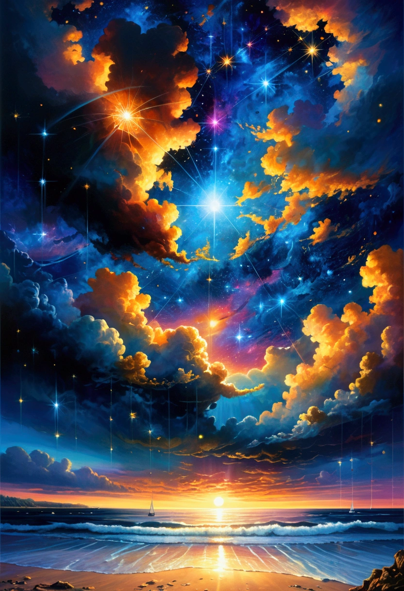 art by Phil Koch, Meghan Howland blue eye Digital ral-epochelves Illustration of a summer scape  end of sunset luminism, TThe night sky comes to life with an eye replacing the moon mesmerizing you, surrounded by a web of stars, nebulae and cosmic dust. Beneath this cosmic display, depict a tranquil beach with the surface of the ocean is sparkling, lush and symmetrically reflects the sparkling nebulae and luminous astral bodies dot. Realism complex background, dynamic lighting, digital painting, highly detailed intricated