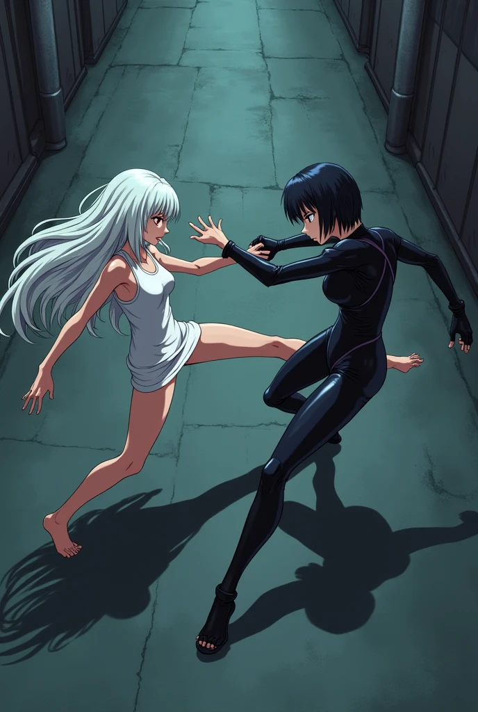 The image is anime style Darker than black with shadows and dim lights, anime style although somewhat adult and dark, It shows a scene of the roads of a city. In the image, an albino with long white hair and red eyes is fighting., who wears a short white dress and has bare feet, against a female android who has short black hair and a latex suit and one blue eye and the other brown. They fight bare-knuckle on the road. They are in combat stances. The image is focused from above, so you can barely see the fighters in question. Only they are in the picture. They are kicking very hard.
