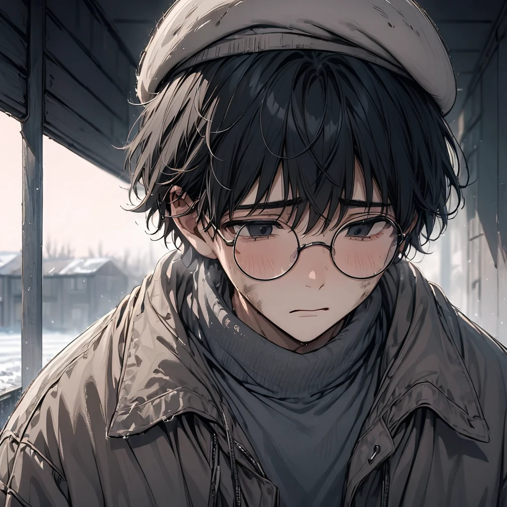 Young man, black hair, pastel colors, face close up, poor, beret, round glasses, simple, black eyes, orphan, dirty, oversized jacket, cold, sad, grey clothes, miserable, boy, lonely, black eyes, black hair, strong jawline, squared chin, sharp nose, strong neck, Adam's apple, thick eyebrows, brown clothes