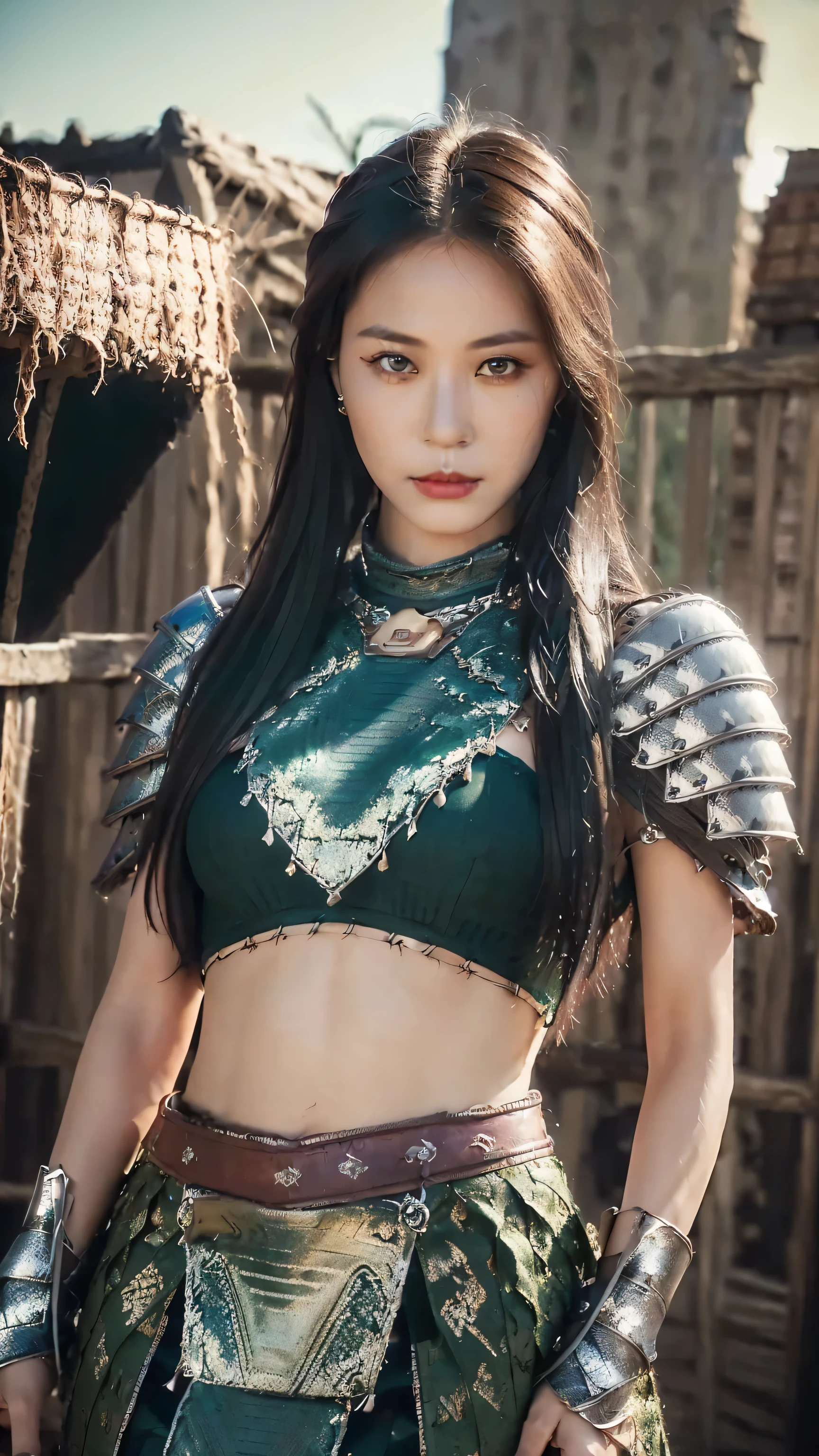 ((Realistic, cinematic, epic, Masterpiece: 1.3)), (raw photo:1.2), Hyperrealist portrait gorgeous Beautiful Chinese tribal female warriors, 30 years old, beautiful serious face, wrinkled face, beautiful detailed charming eyes, (pretty breasts: 1.1), ((sexy dark green native warrior chainmail armor: 1.2), (native brocade fabric armor), (sexy dark green brocade warrior dress)), tribal loin cloth, tribal jewelry, tribal warrior headband, tribal village background, legendary warrior style, hand holding a dagger, full body, professional photography, font view, very detailed faces, (merlot red lips, tribal makeup: 1.2), Best quality, 8K, ancient style