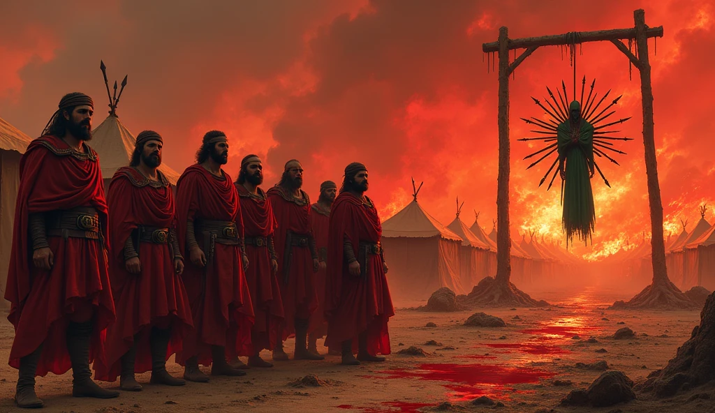 Sun set,
 bloody sky,
 burning tents,
 burning date trees,
 7 men which wear ancient war clothes in red colour who stand outside the tents,
 a bloody ground,
A green men wear war clothes in green colour was hungup on the arrows  his body was full of bloody arrows and 2 sword



All thing are ancient only