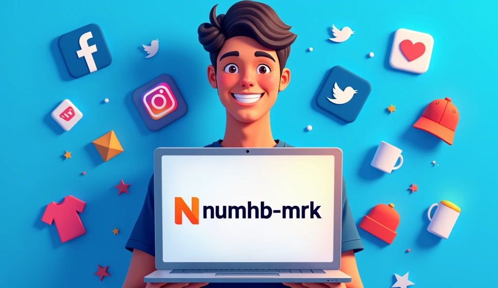 A stunning, ultra-high-resolution illustration of a marketer posing in front of a vibrant, gradient-blue background, proudly holding a laptop with the "numhb-mrk" logo emblazoned on the screen, created from a combination of sleek vectors and realistic textures. The marketer's facial features are highlighted by a bright, genuine smile, with warm, golden-brown skin tone and dark brown hair styled in a modern, trendy fashion. The logo itself is a bold, custom-designed typography with a stylized, lower-case "n" and a bold, orange-colored arrow integrated into the lettering, symbolizing innovation and forward-thinking. Surrounding the marketer are semi-transparent, 3D-rendered icons of popular social media platforms, including Facebook, Instagram, Twitter, and YouTube, all in their respective brand colors and arranged in a stylized, overlapping pattern. Scattered throughout the scene are elegantly illustrated, high-quality product visuals of t-shirts, mugs, hats, and hoodies, showcasing the marketer's best-selling online merchandise, all rendered in precise, lifelike detail. The overall aesthetic is modern, youthful, and energetic, with a focus on conveying excellence in quality and customer satisfaction.