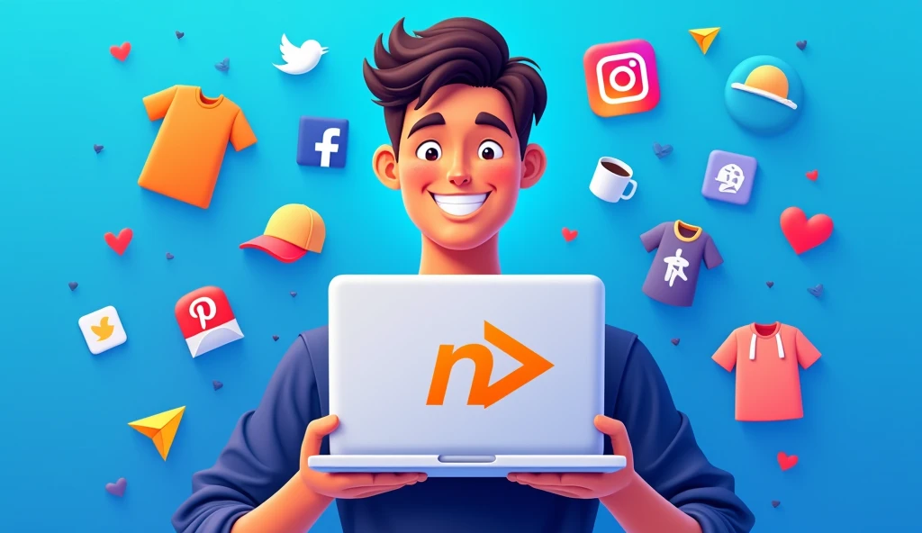 A stunning, ultra-high-resolution illustration of a marketer posing in front of a vibrant, gradient-blue background, proudly holding a laptop with the "numhb-mrk" logo emblazoned on the screen, created from a combination of sleek vectors and realistic textures. The marketer's facial features are highlighted by a bright, genuine smile, with warm, golden-brown skin tone and dark brown hair styled in a modern, trendy fashion. The logo itself is a bold, custom-designed typography with a stylized, lower-case "n" and a bold, orange-colored arrow integrated into the lettering, symbolizing innovation and forward-thinking. Surrounding the marketer are semi-transparent, 3D-rendered icons of popular social media platforms, including Facebook, Instagram, Twitter, and YouTube, all in their respective brand colors and arranged in a stylized, overlapping pattern. Scattered throughout the scene are elegantly illustrated, high-quality product visuals of t-shirts, mugs, hats, and hoodies, showcasing the marketer's best-selling online merchandise, all rendered in precise, lifelike detail. The overall aesthetic is modern, youthful, and energetic, with a focus on conveying excellence in quality and customer satisfaction.