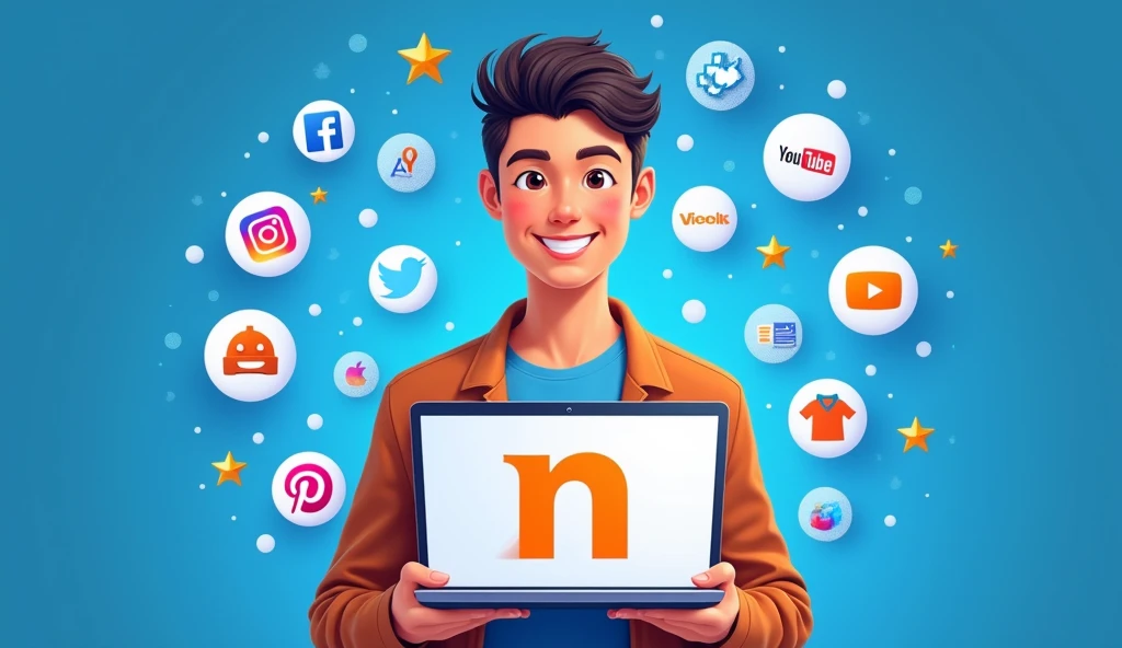 A stunning, ultra-high-resolution illustration of a marketer posing in front of a vibrant, gradient-blue background, proudly holding a laptop with the "numhb-mrk" logo emblazoned on the screen, created from a combination of sleek vectors and realistic textures. The marketer's facial features are highlighted by a bright, genuine smile, with warm, golden-brown skin tone and dark brown hair styled in a modern, trendy fashion. The logo itself is a bold, custom-designed typography with a stylized, lower-case "n" and a bold, orange-colored arrow integrated into the lettering, symbolizing innovation and forward-thinking. Surrounding the marketer are semi-transparent, 3D-rendered icons of popular social media platforms, including Facebook, Instagram, Twitter, and YouTube, all in their respective brand colors and arranged in a stylized, overlapping pattern. Scattered throughout the scene are elegantly illustrated, high-quality product visuals of t-shirts, mugs, hats, and hoodies, showcasing the marketer's best-selling online merchandise, all rendered in precise, lifelike detail. The overall aesthetic is modern, youthful, and energetic, with a focus on conveying excellence in quality and customer satisfaction.