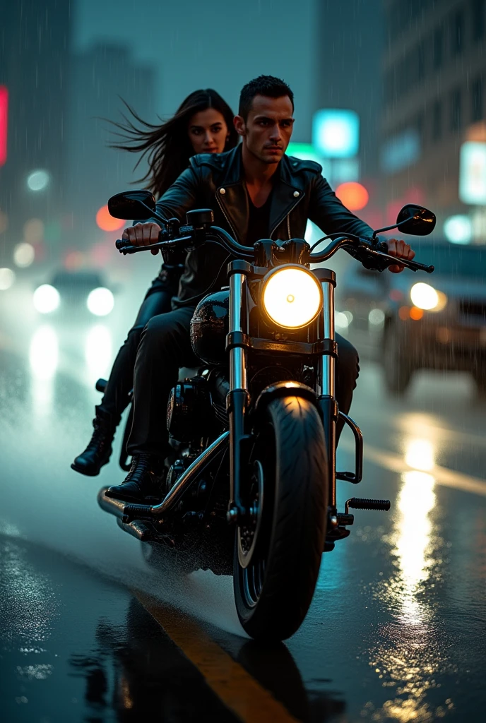A man ride Harley Davidson black and wear black dress shine in night speed 100km with girl friend in the rain