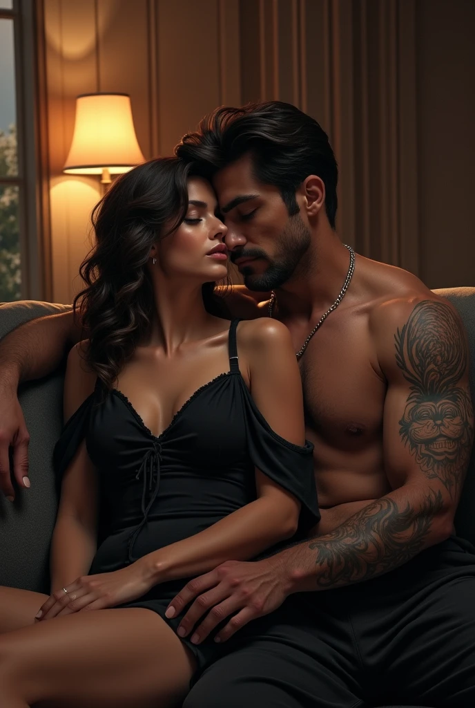 Une femme brune en pyjama noir, avec un nez en trompette avec un homme brun, musclé, avec des épaules large, avec un nez droit, ténébreux et tatouée en califourchon au dessus d’elle. Leur visage son proche. Sur un canapé dans un grand appartement. Avec une ambiance un peu sombre