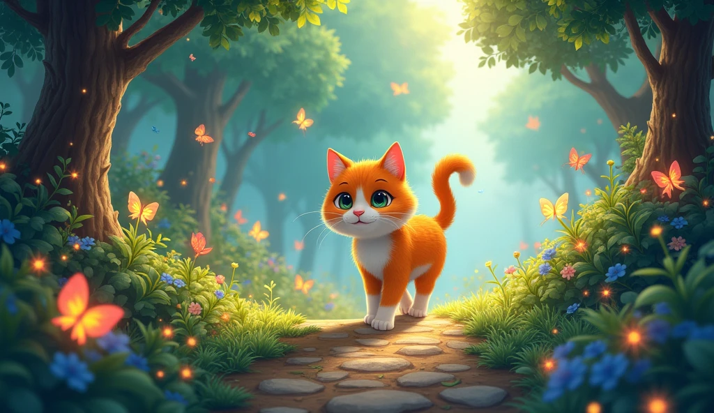 Create a captivating illustration of Whiskers, a brave and curious orange and white cat, embarking on an exciting journey through a magical forest. The scene should feature Whiskers walking along a whimsical forest path surrounded by vibrant, enchanted flora and fauna. Include various enchanting creatures like sparkling fairies, colorful butterflies, and friendly woodland animals interacting with Whiskers. The forest should be lush and fantastical, with glowing plants, sparkling streams, and mystical light filtering through the trees. Whiskers should appear adventurous and excited, with a sense of wonder and discovery in his expression. The overall mood should be magical and inviting, capturing the spirit of exploration and friendship.