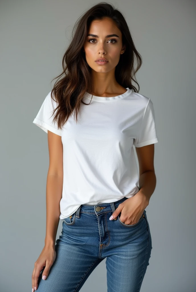 beautiful latin woman, standing straight facing forward, with white t-shirt, denim jeans pants, on a grey background, cotton t-shirt texture, fitted t-shirt, round neck, striped tights. Medium camera shot.