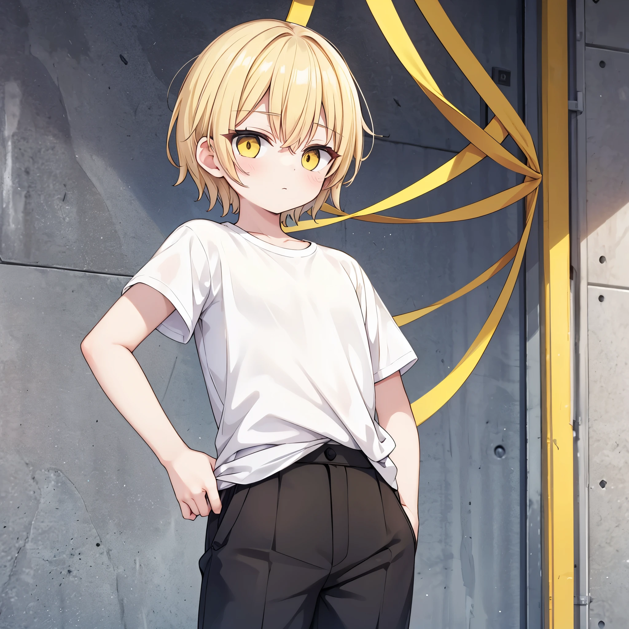 Mikael is a short boy with short blond hair and yellow eyes, solo, wear black pant and white casual t-shirt without tie wear skirt