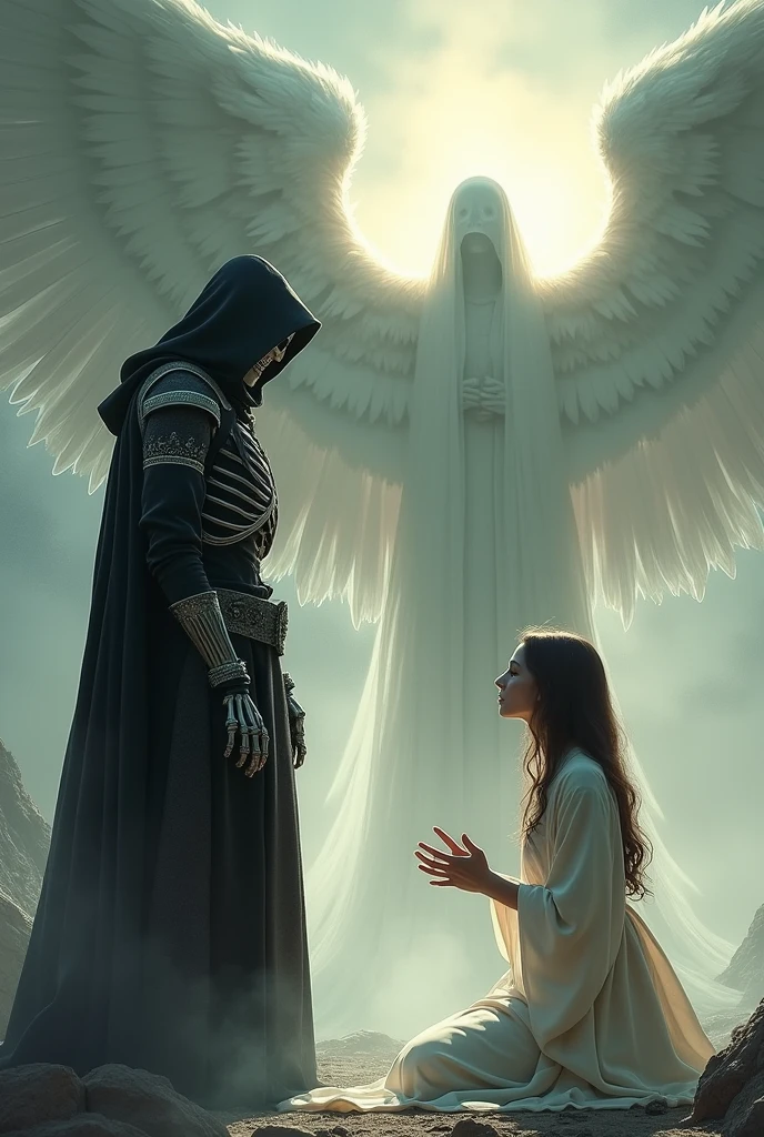 After the battle, a skeleton in Mongolian ancient armor with a hooded hat and a beautiful radiant woman kneels before the angel, but the angel looks at her with hurt. the veiled face of the angel is not visible