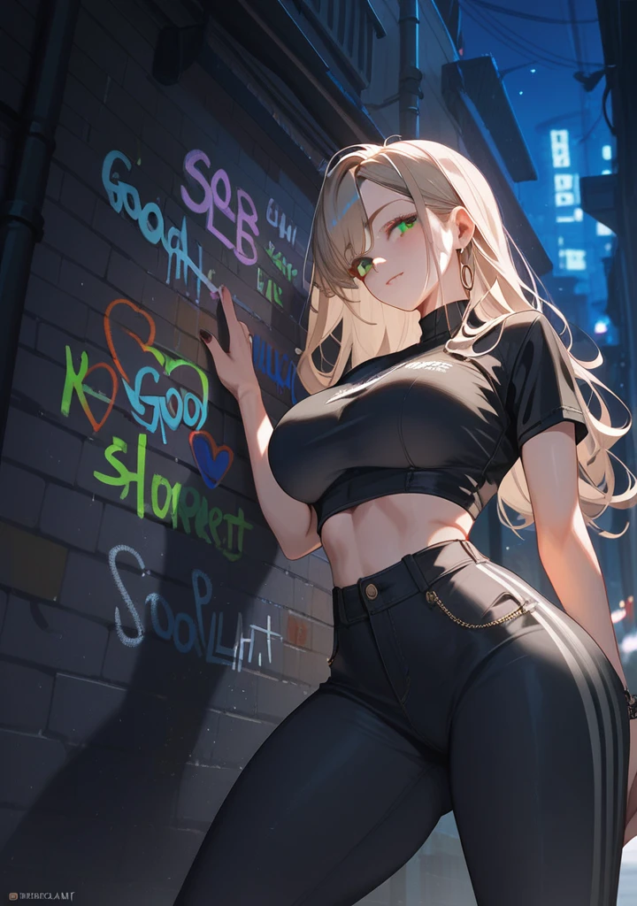 Alley, night, wall graffiti art, Absurd, Perfect Anatomy, performance, Good lighting, Shadows in the movies, large breasts, large butt, thin waist, Long HAIR, light brown HAIR, light green eyes, original HAIR style, Dynamic Angle