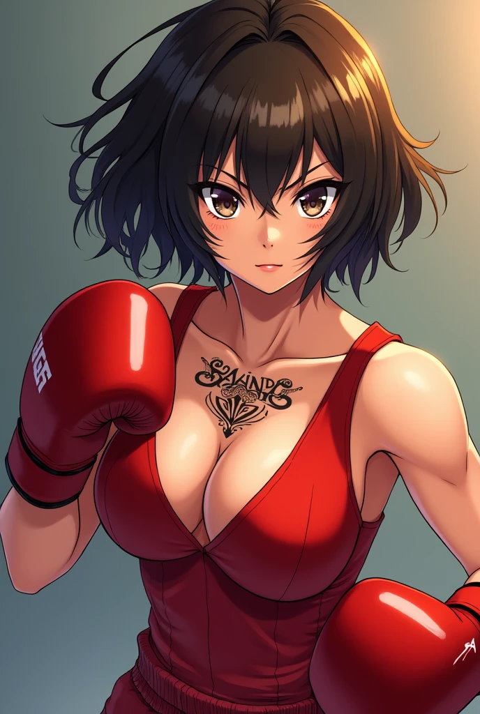 female anime character with short curly hair, dark brown eyes and tattoo in the middle of the neck, and a phrase on the collarbone in graffiti writing, female boxer doing guard in red competition outfit