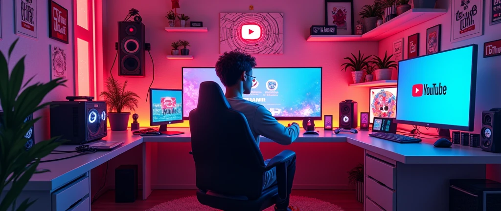 roblox theme gamer room, youtube subscribers celebration cover channel background, youtube logos popping all over the room,